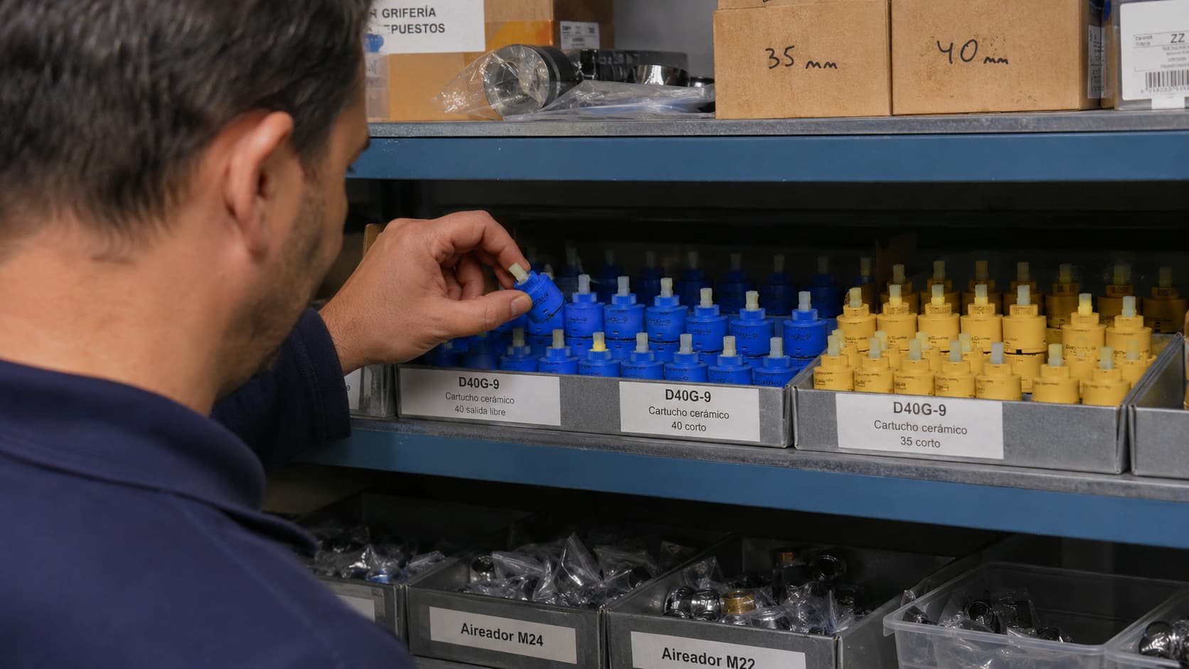 Selección de cartuchos de repuesto para grifería en expositor de ferretería